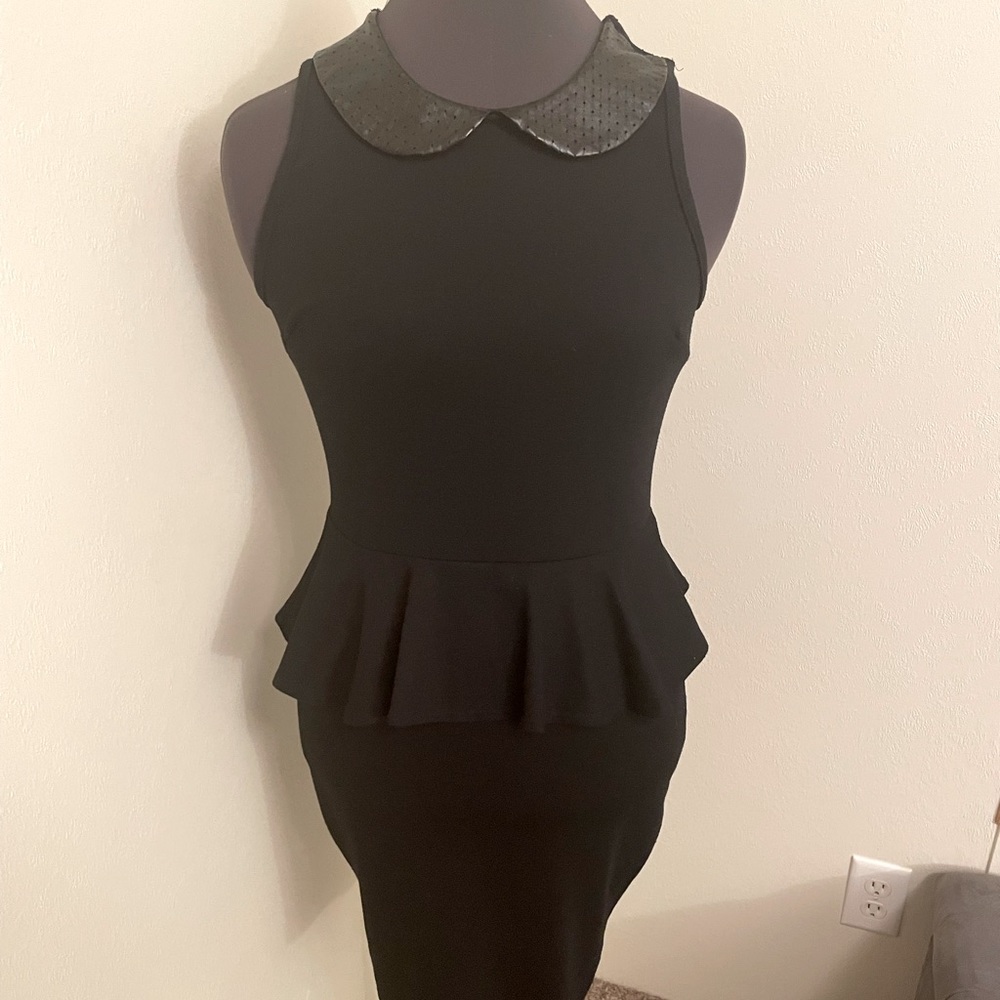 Black Peplum Dress with Faux Leather Peter Pan Collar